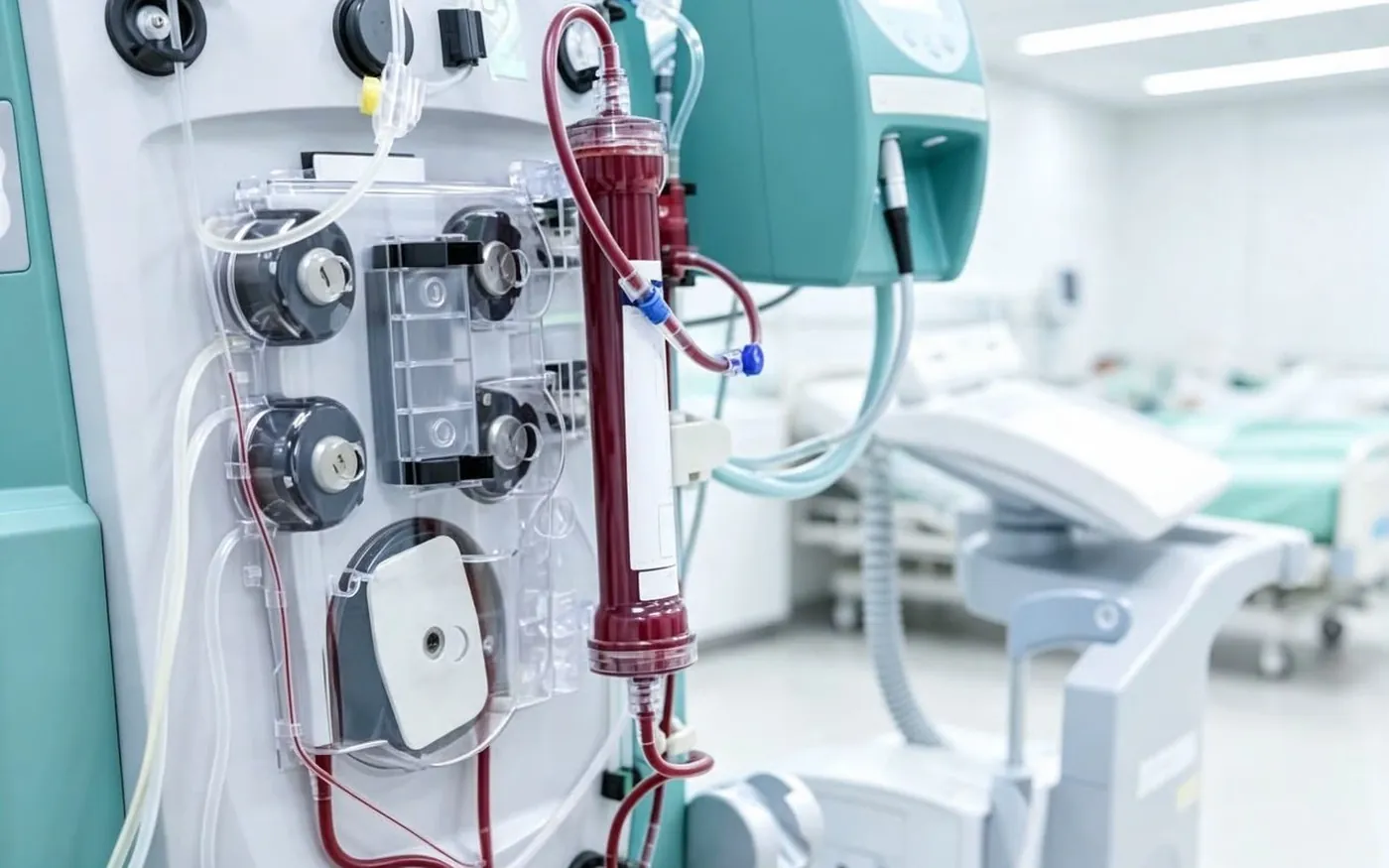 A dialyser and bloodlines mounted on a haemodialysis machine in a treatment room