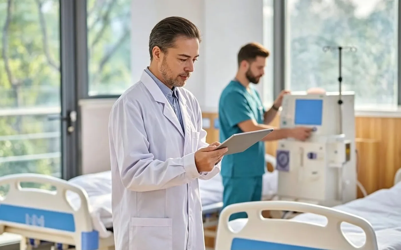 A clinician reviewing records on a tablet while a colleague sets up a haemodialysis machine in a treatment room